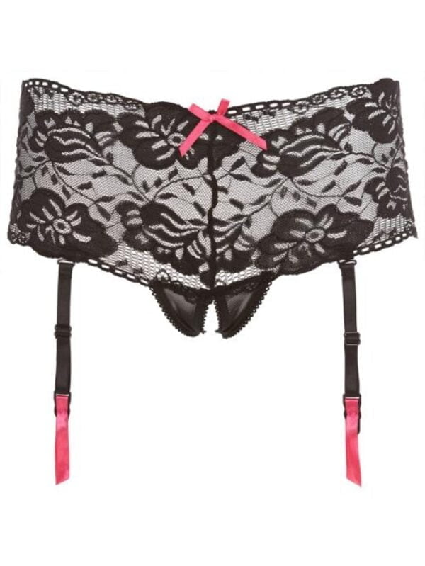 Kanten Jarretelgordel Met Open Kruisje - Zwart/Roze